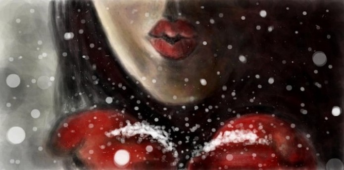 Тают руки тают губы. Снег на губах. Снежинки на губах. Снежинки ртом. Воздушный поцелуй снежинками.