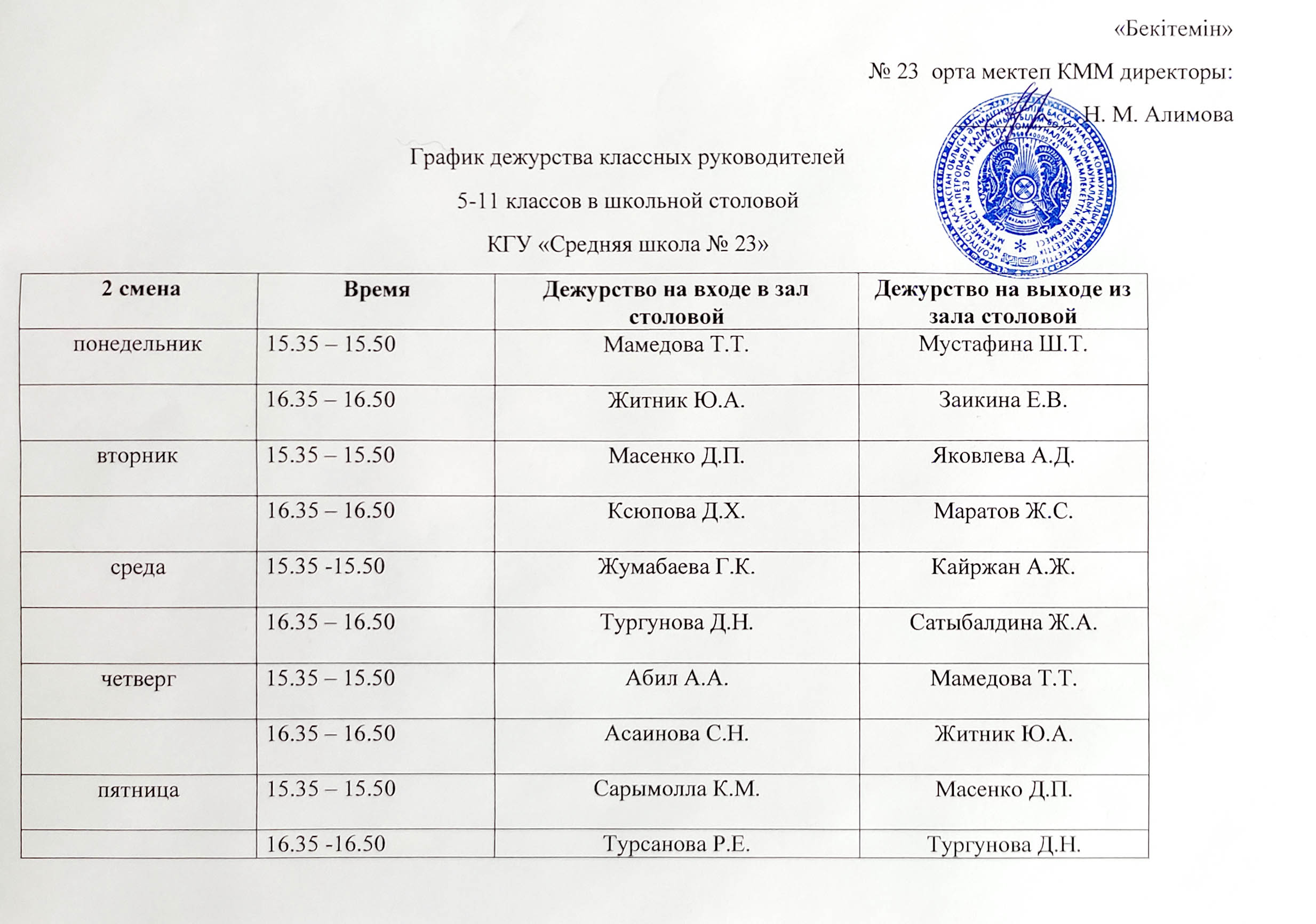 график дежурства 2 смена