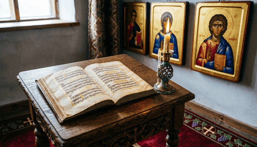 Древнерусская Псалтырь с псалмами 26, 50 и 90 на молитвенном столе в старообрядческой келье