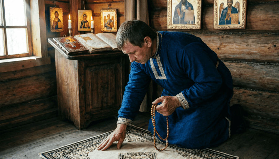 Совершение метривания (земного поклона) при чтении покаянного псалма с лестовкой в руках